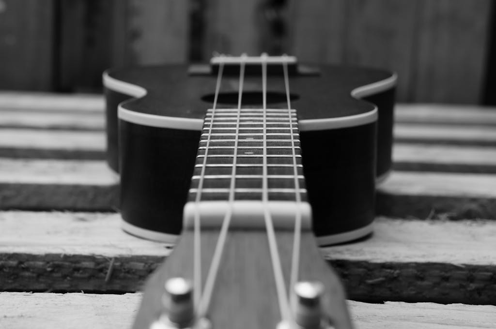 Monochrome close-up shot of a ukulele's strings, showing musical elegance.